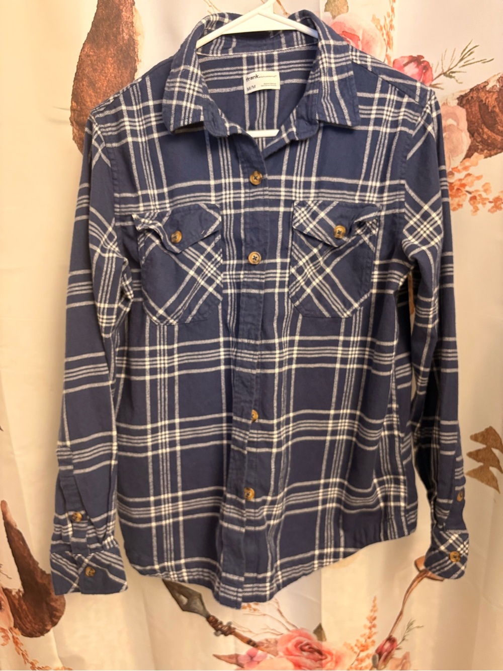 Ladies medium organic cotton Blue and White Plaid Button-Up Shirt